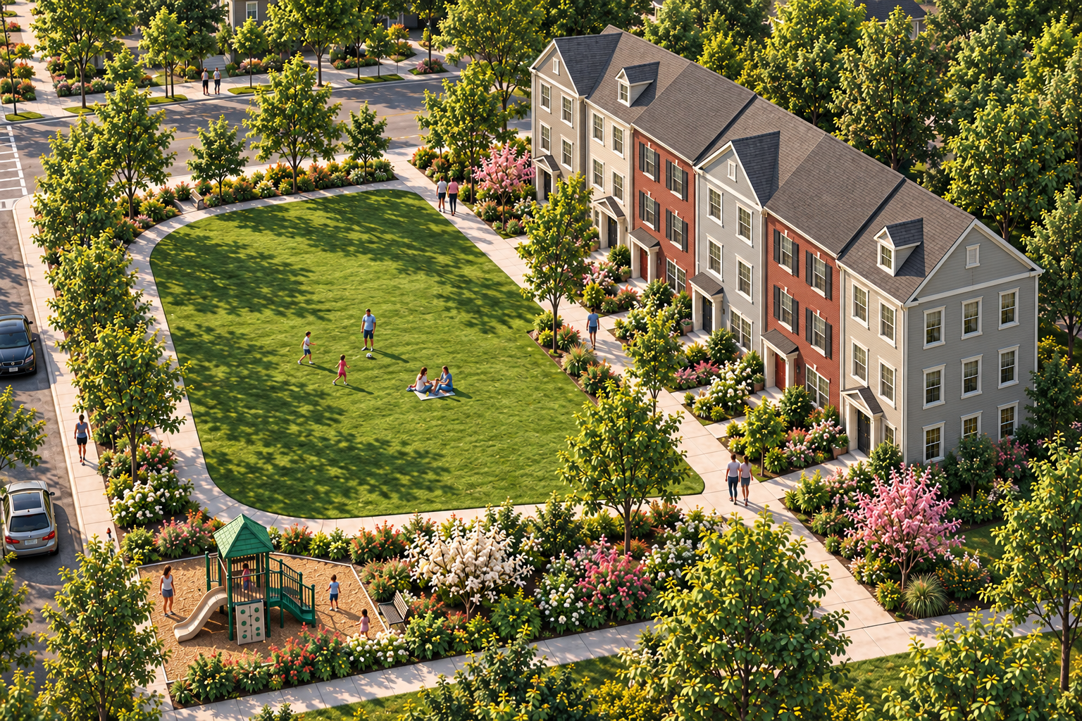 Community square and playground — illustrative rendering